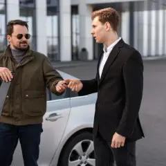Mężczyzna w garniturze przekazuje kluczyki do samochodu wziętego w leasing.
