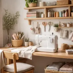 Un acogedor rincón de costura con máquina de coser, telas, hilos y herramientas organizadas en estantes y cestas.