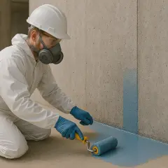 Arbetare i skyddsdräkt och mask behandlar betongskiva med en roller.