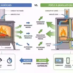 Comparaison d'un poêle à bûches et d'un poêle à granulés, mettant en avant l'efficacité et l'autonomie du poêle à granulés, une alternative moderne au poêle à bûches.