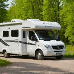 Un camping-car blanc, prêt pour une aventure naturiste, stationné sur un chemin de terre bordé d'arbres verdoyants.