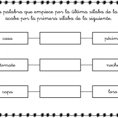 Hoja de trabajo para el juego de palabras encadenadas. Se pide escribir palabras que conecten por sílabas.