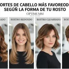 Cuatro mujeres muestran diferentes tipos de flequillo y cortes de cabello para rostros ovalados, redondos, cuadrados y en forma de corazón.