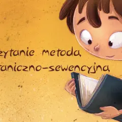 Ilustracja dziecka czytającego książkę, z tekstem "Czytanie metoda, symultaniczno-sekwencyjna".