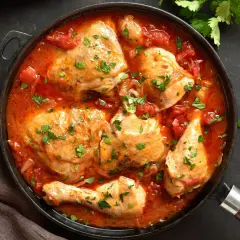 Pyszne udka z kurczaka w aromatycznym sosie pomidorowym, posypane świeżą natką pietruszki, gotowe do podania.