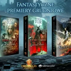 Okładki polskich książek fantasy: "Z Krwi i Ognia" Henryka Tura (tomy 2 i 3) oraz "Ślepiec" Romualda Pawlaka.
