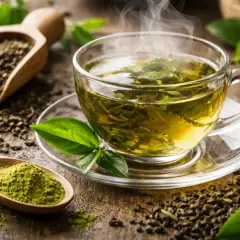 Tazza fumante di tè verde, con foglie e polvere di tè. Scopri i te verde benefici per il tuo benessere.
