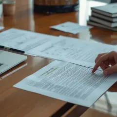 Dłoń pracownika wskazuje na dokument, analizując obowiązki pracodawcy. Obok laptop i stos książek.