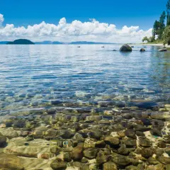 Klares Wasser über Kieselsteinen am Ufer des Lake Taupo. Im Hintergrund eine Insel und bewaldete Hügel unter blauem Himmel mit weißen Wolken.