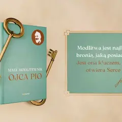 Książka "Mały modlitewnik Ojca Pio" z kluczami symbolizującymi modlitwę jako klucz do Serca Boga.