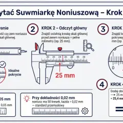 Instrukcja jak mierzyć suwmiarką 0,05 mm. Pokazuje zerowanie, odczyt główny (25 mm), odczyt noniusza (0,4 mm) i sumowanie wyników.