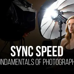 A woman poses in a studio with lighting equipment. Text reads "SYNC SPEED FUNDAMENTALS OF PHOTOGRAPHY.