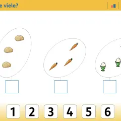 Zähle die Kartoffeln, Karotten und Eier. Übe blitzrechnen online, indem du die richtige Zahl auswählst.