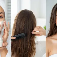 Rutina de belleza: mujer aplica crema en rostro, peina su cabello y sonríe con un toque de pantenol que es un humectante.