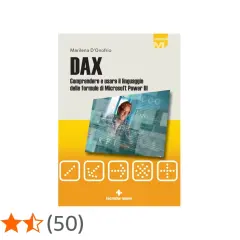 Copertina libro "DAX: Comprendere e usare il linguaggio delle formule di Microsoft Power BI". Immagine di un uomo davanti a uno schermo con grafici e formule.
