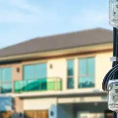 Medidores de luz, sensores eléctricos, en un poste frente a una casa moderna.
