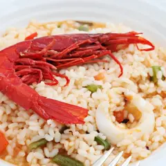 Delicioso arroz con carabineros, calamares y verduras. Un plato que huele a mar y sabe a tradición.
