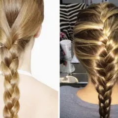 Due splendide trecce alla francese, una bionda su sfondo bianco e l'altra castana con riflessi dorati, mostrano la loro eleganza.