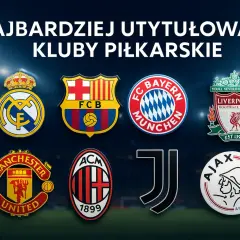 Herb Real Madryt, FC Barcelona, Bayern Monachium, Liverpool, Manchester United, AC Milan, Juventus, Ajax - znane kluby piłkarskie.