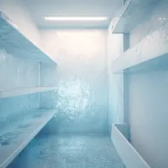 L'intérieur d'un frigo qui givre, avec des étagères couvertes de glace et une lumière froide.