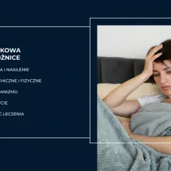 Kobieta z ręką na czole, okryta kocem, leżąca w łóżku.