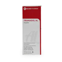 Opakowanie leku Tramadol AL Tropfen, 100 mg/ml, 100 ml. Pomaga na umiarkowany i silny ból.
