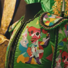 Detalle de coloridos bordados en partes del traje de torero, con figuras abstractas y geométricas sobre fondo verde.