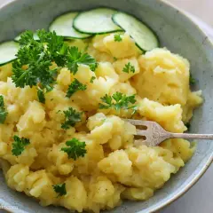 Schüssel mit bayrischem Kartoffelsalat, garniert mit Petersilie und Gurkenscheiben. Eine Gabel steckt darin.