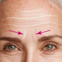 Primo piano del volto di una donna anziana con evidenti rughe sulla fronte, evidenziate da linee tratteggiate bianche e frecce rosa.