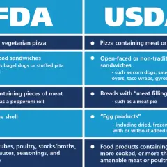 Chart comparing FDA vs USDA jurisdiction over food items like pizzas, sandwiches, and egg products.