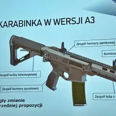 Karabin Grot w wersji A3, z widocznymi elementami: zespół komory zamkowej, komora gazowa, zespół lufy, zespół kolby teleskopowej, zespół komory spustowej, zespół łoża z nakładką.