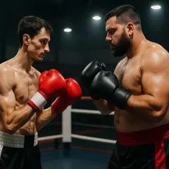 Two boxers face off in a ring. One is lean with red gloves, the other a super heavyweight with black gloves, ready for a powerful bout.