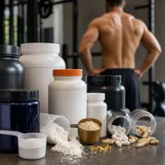 Varietà di integratori durante allenamento: barattoli di proteine in polvere, capsule e pillole, con un uomo muscoloso sullo sfondo.