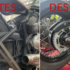Comparativa del mantenimiento de la cadena de moto: antes y después. Se aprecia la limpieza y lubricación de la cadena, lista para rodar.