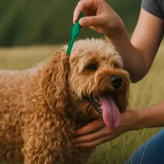Persona aplica pipeta Advantix a su perro. Es importante aplicarla correctamente, incluso cuando no se baña al perro.