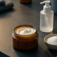 Krem z mocznikiem (urea co to) w słoiczku, obok miseczka z solą i dozownik z płynem.