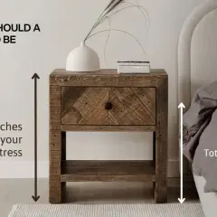A rustic wooden nightstand is shown next to a bed, illustrating the ideal height: 2-4 inches above the mattress. This ensures convenient access, a key aspect of average nightstand dimensions.