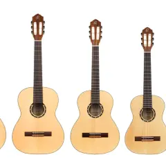 Rząd pięciu gitar klasycznych o różnej wielkości, od największej do najmniejszej. Gitara 3/4 dla kogo? Idealna dla młodego muzyka.