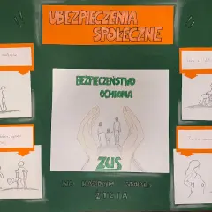 Plakat o ubezpieczeniach społecznych z rysunkami przedstawiającymi różne etapy życia i wsparcie ZUS.