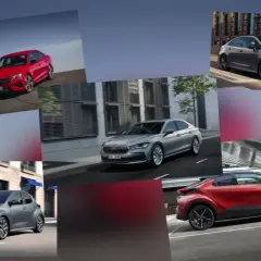 Kolaż samochodów: czerwona Skoda, szara Toyota Yaris, srebrna Skoda, szara Toyota Corolla. Idealne do rankingu leasingów samochodowych.