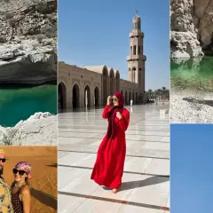 Oman stolica: turkusowe oazy, Wielki Meczet, pustynne krajobrazy i flaga.