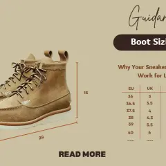Guidance to Boot Sizing 101, showing a pair of tan leather boots and a size chart to help you find the perfect fit.