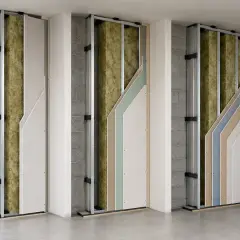 Sezione di un muro insonorizzato con isolamento in lana di roccia e pannelli di cartongesso.