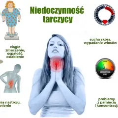 Ilustracja przedstawia objawy niedoczynności tarczycy: przyrost masy ciała, zmęczenie, bóle mięśni, wahania nastroju, suchą skórę, wypadanie włosów, wysoki cholesterol, problemy z pamięcią.