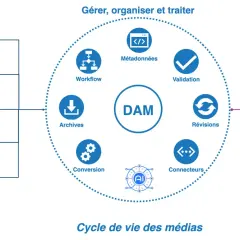 Schéma illustrant le cycle de vie des médias, de la création à la distribution, centré sur un système DAM.
