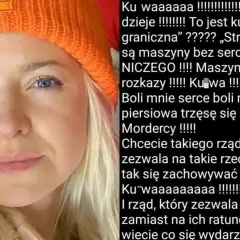 Kobieta w pomarańczowej czapce, wstrząśnięta aferą kurdej szatan, krzyczy o bezdusznych maszynach i rządzie zezwalającym na śmierć.