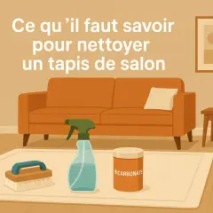Apprenez comment laver un tapis de salon avec ces outils : brosse, spray nettoyant et bicarbonate de soude.