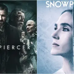 Två affischer för Snowpiercer. Vänster: en man med skägg och mörk rock. Höger: en kvinna och en man med dreadlocks.