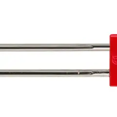 A twin sewing machine needle with a red Schmetz shank. This helps you decide what sewing machine needle to use for decorative stitches.