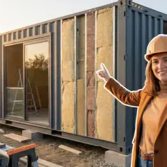 Une femme souriante, casque sur la tête, montre l'isolation d'un container aménagé en habitation. Le chantier est visible.